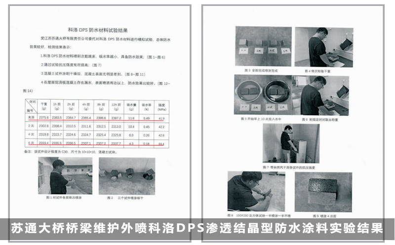 苏通大桥桥梁维护外喷科洛DPS渗透结晶型防水涂料实验结果